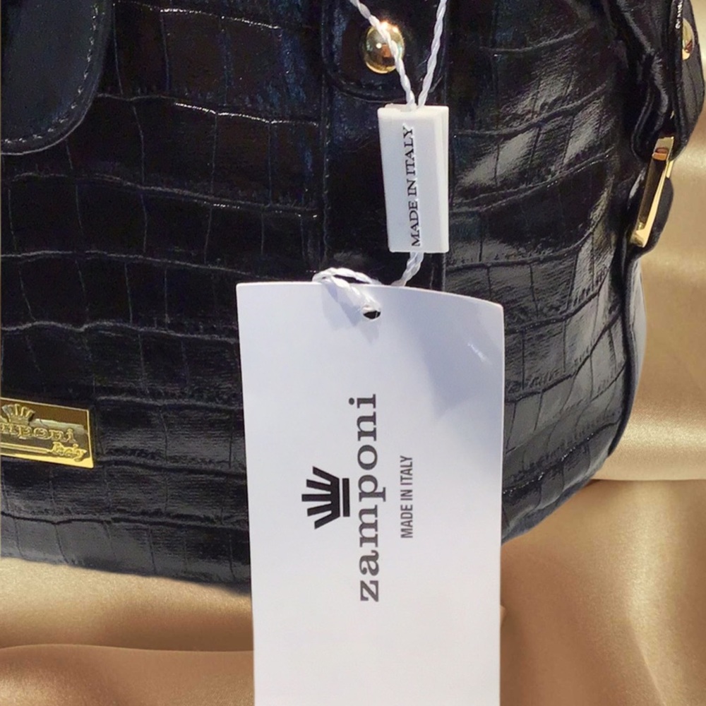 NEW ZAMPONI Moda Bucket Bag Secchiello Made in Italy, Black Croc Pattern - Picture 13 of 14